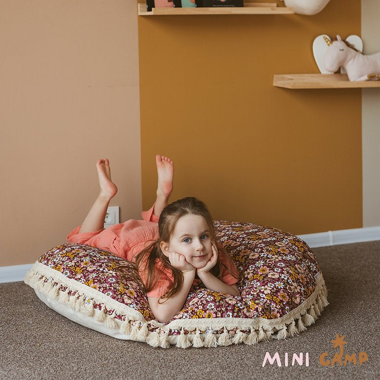 Large Kids Floor Cushion with Tassels – Burgundy Floral, 100 cm
