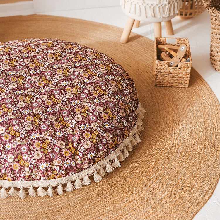 Large Kids Floor Cushion with Tassels – Burgundy Floral, 100 cm