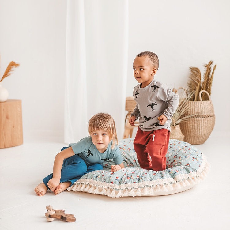 Large Kids Floor Cushion with Tassels – Mint Floral, 100 cm