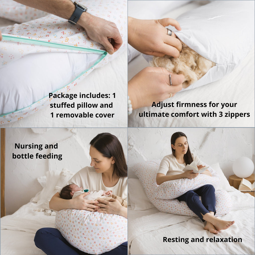 U-Shaped Maternity Pillow with Organic Cotton Sateen Cover – Milk White Floral
