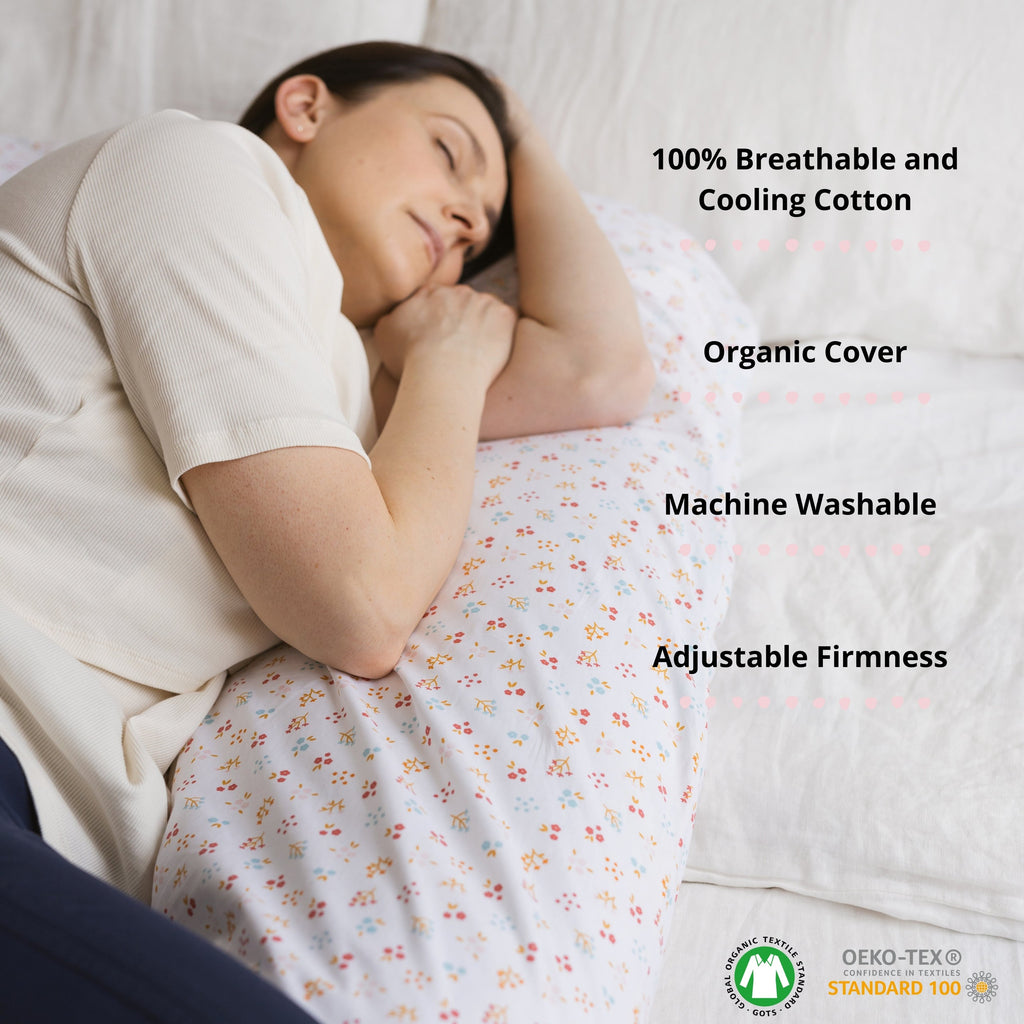 U-Shaped Maternity Pillow with Organic Cotton Sateen Cover – Milk White Floral