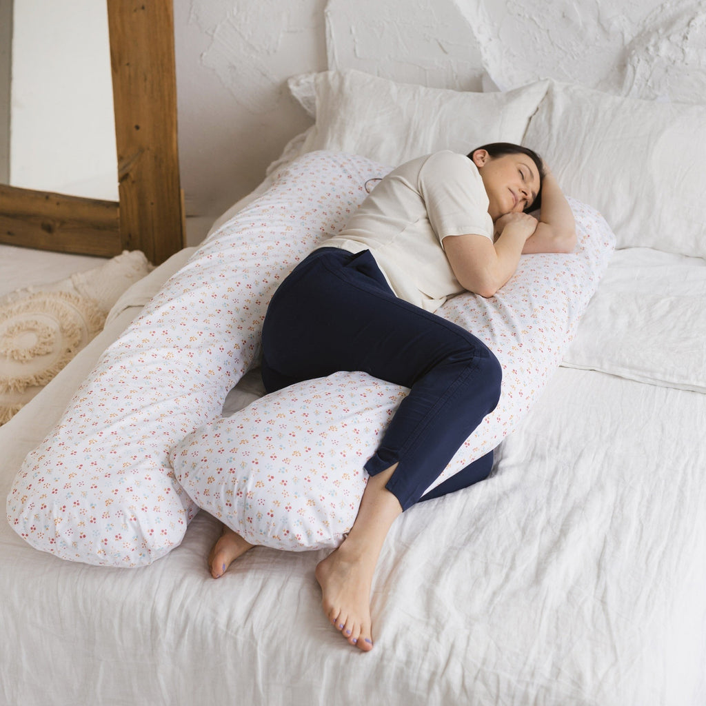 U-Shaped Maternity Pillow with Organic Cotton Sateen Cover – Milk White Floral
