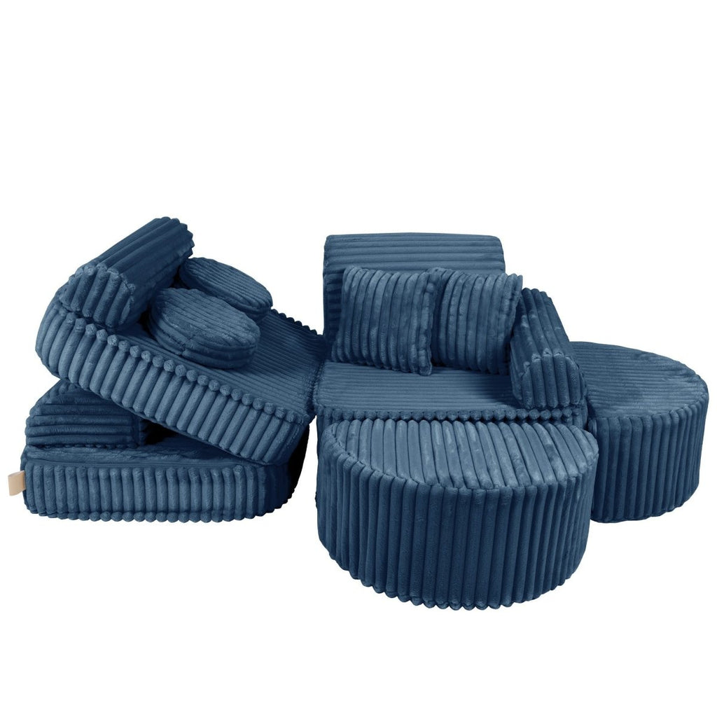 Modular Kids Play Sofa, Medium Plus with Extra Cushions - Churros Corduroy (Blue) - Tiny Tugz™