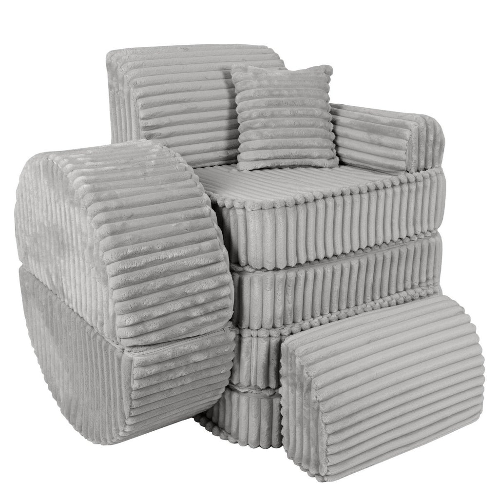 Modular Kids Play Sofa, Medium Plus with Extra Cushions - Churros Corduroy (Moon Grey) - Tiny Tugz™