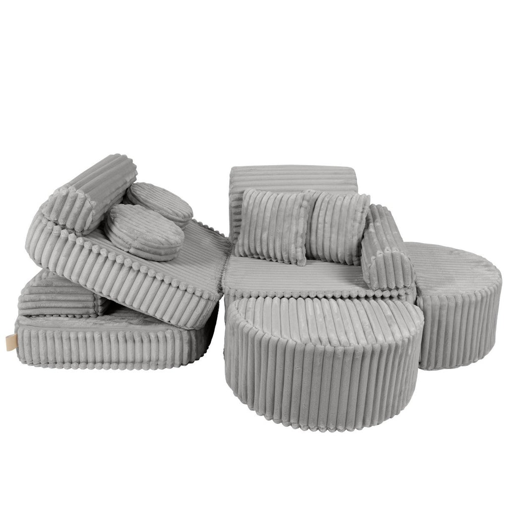 Modular Kids Play Sofa, Medium Plus with Extra Cushions - Churros Corduroy (Moon Grey) - Tiny Tugz™