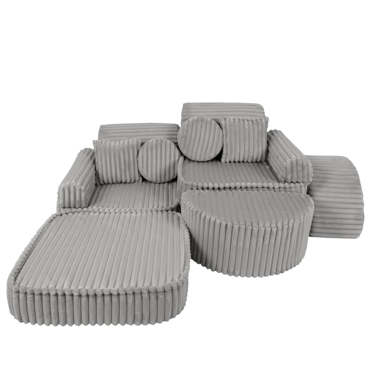 Modular Kids Play Sofa, Medium Plus with Extra Cushions - Churros Corduroy (Moon Grey) - Tiny Tugz™