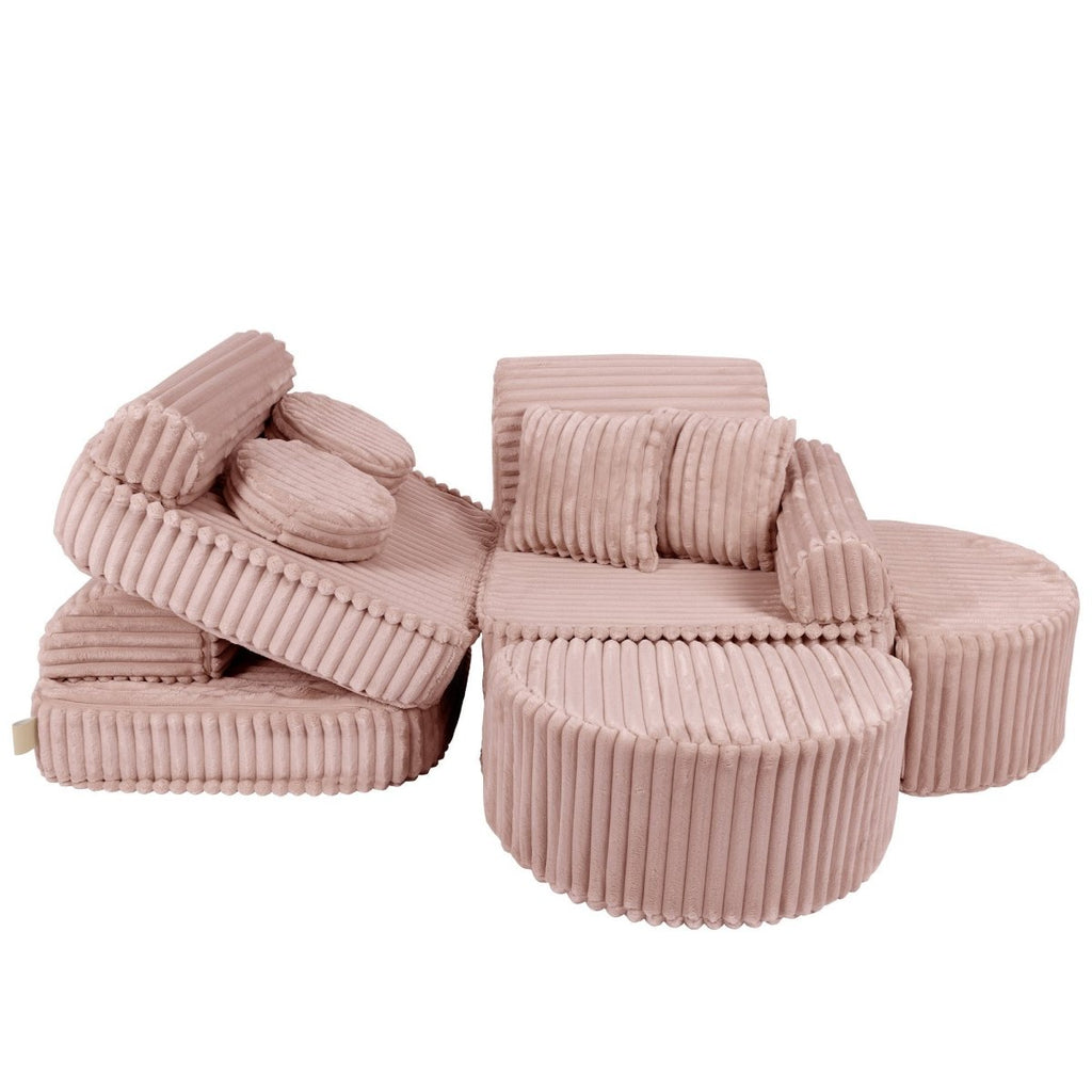 Modular Kids Play Sofa, Medium Plus with Extra Cushions - Churros Corduroy (Pink) - Tiny Tugz™