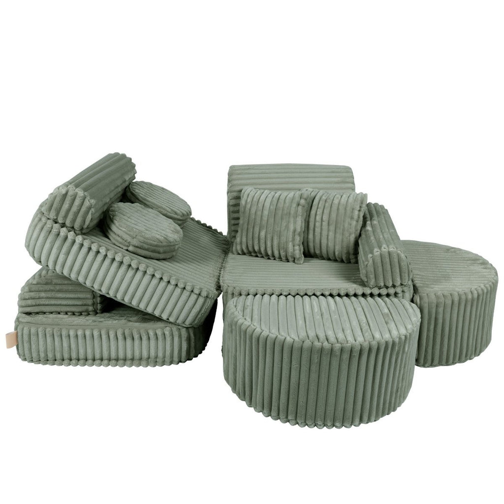 Modular Kids Play Sofa, Medium Plus with Extra Cushions - Churros Corduroy (Sage Green) - Tiny Tugz™