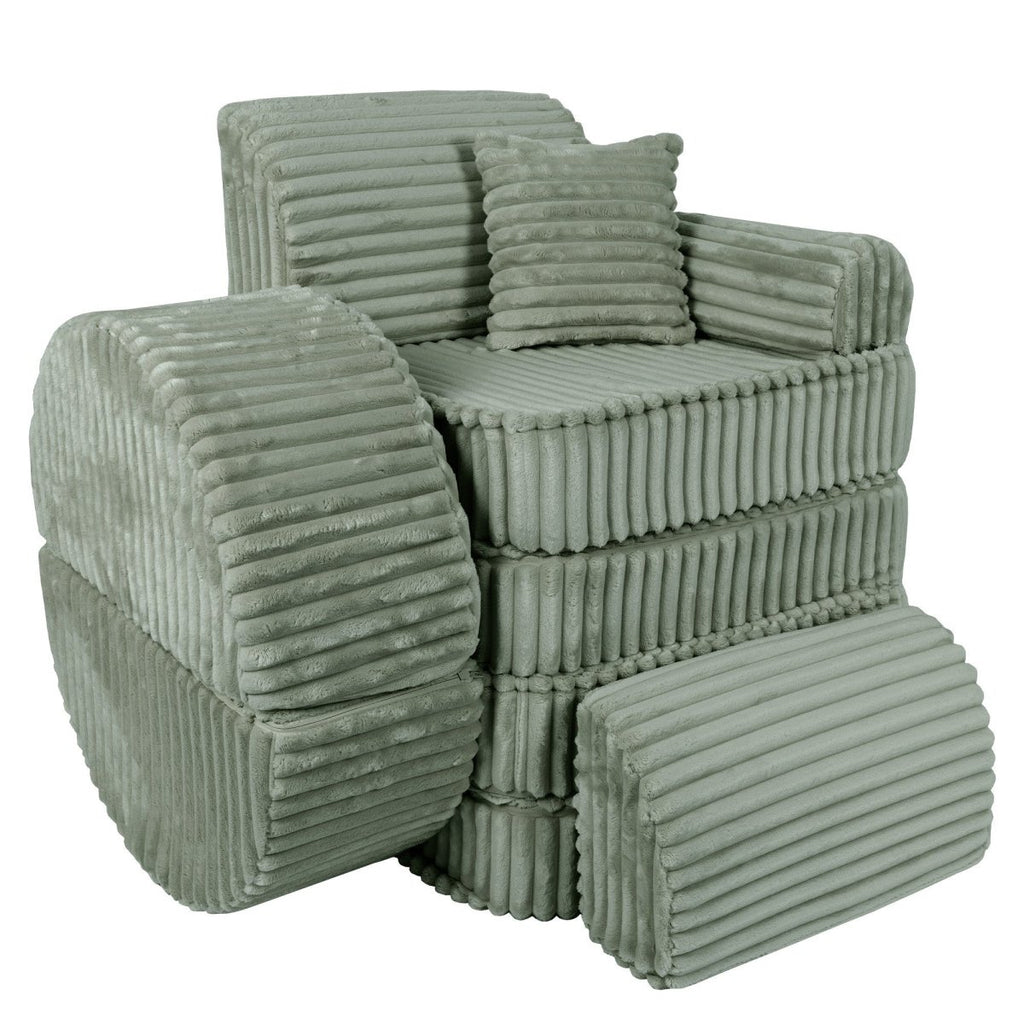 Modular Kids Play Sofa, Medium Plus with Extra Cushions - Churros Corduroy (Sage Green) - Tiny Tugz™