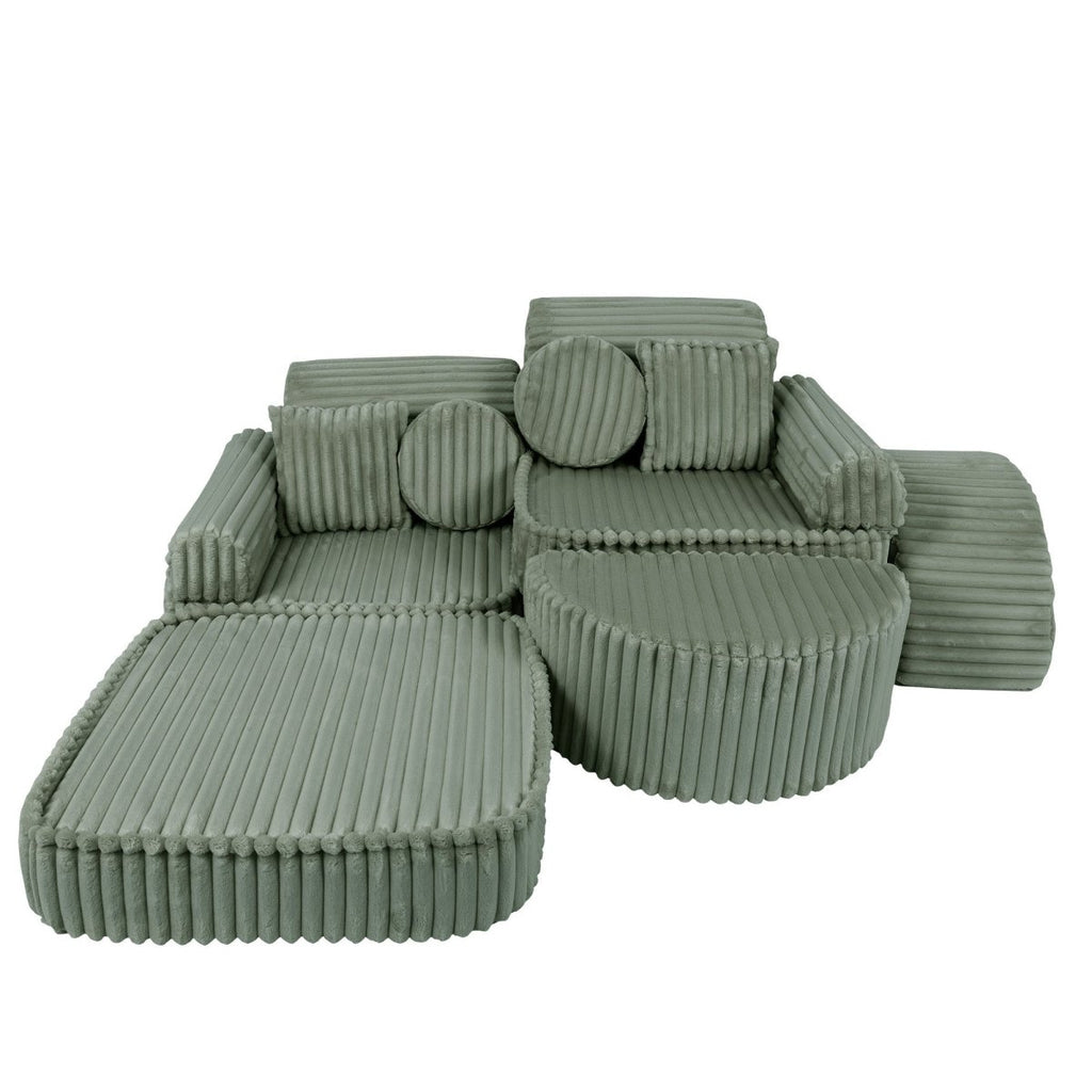 Modular Kids Play Sofa, Medium Plus with Extra Cushions - Churros Corduroy (Sage Green) - Tiny Tugz™