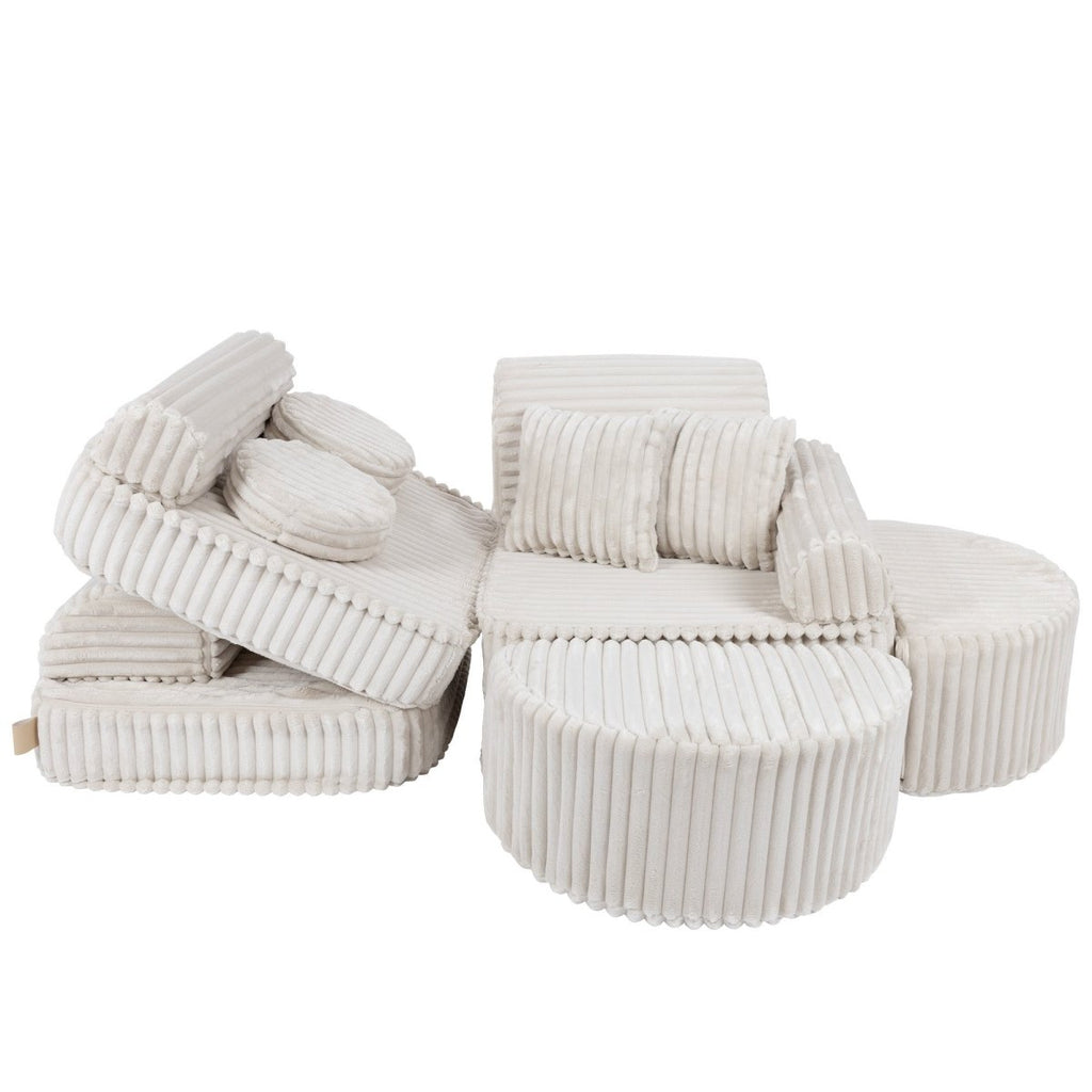 Modular Kids Play Sofa, Medium Plus with Extra Cushions - Churros Corduroy (White) - Tiny Tugz™