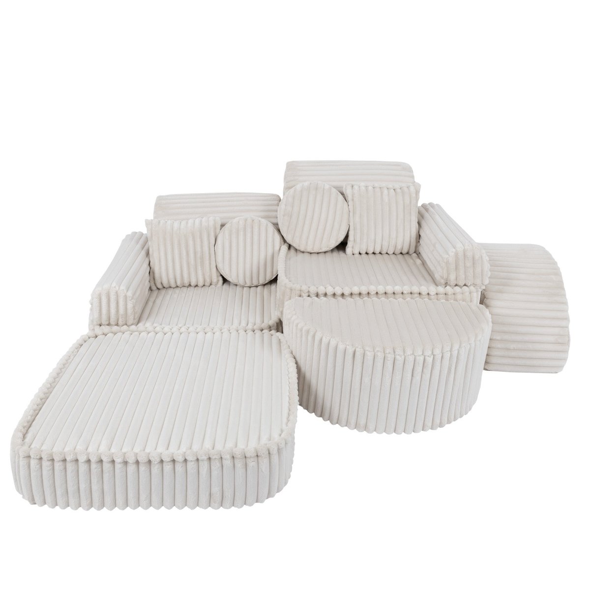 Modular Kids Play Sofa, Medium Plus with Extra Cushions - Churros Corduroy (White) - Tiny Tugz™