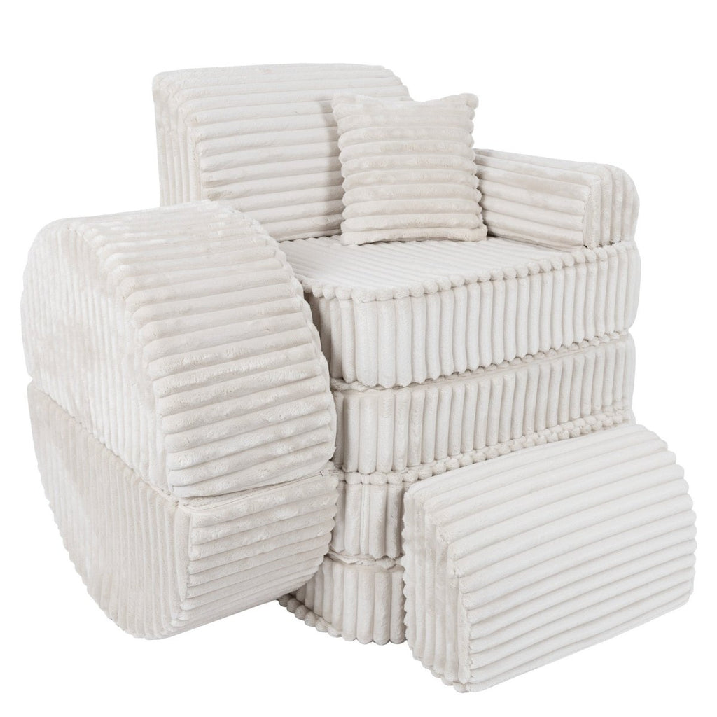Modular Kids Play Sofa, Medium Plus with Extra Cushions - Churros Corduroy (White) - Tiny Tugz™