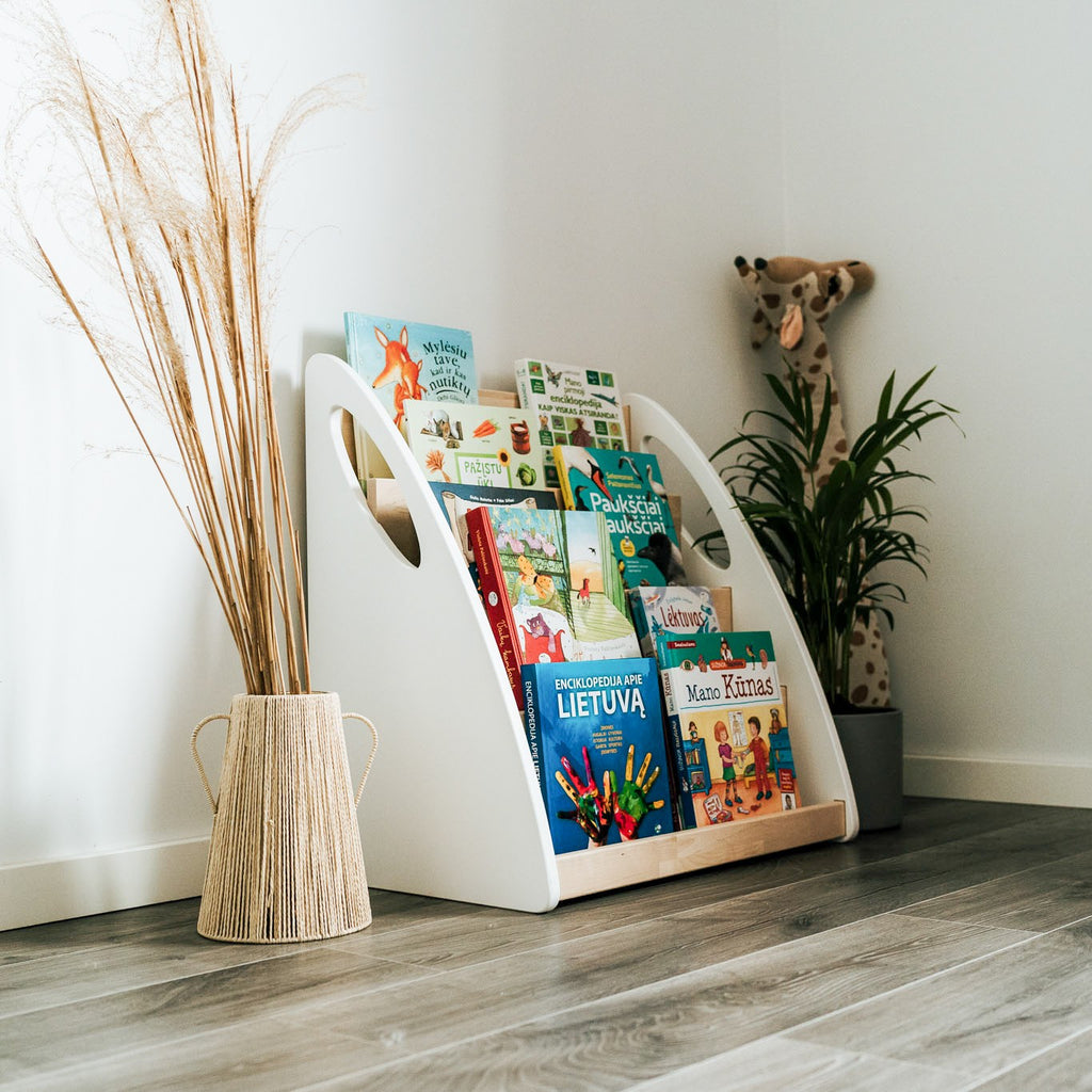 One Little Pine Montessori Bookshelf With Book Storage, 4-shelf front-facing birch wood bookcase with rear storage compartment, Montessori furniture (available in Natural Wood, Clear Oil, and White & Clear Oil finishes)