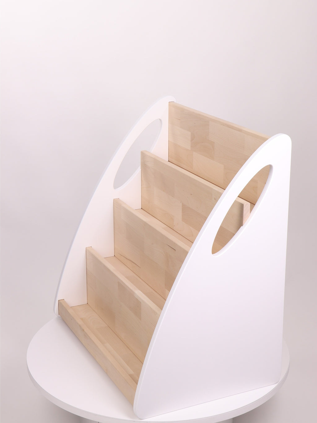 One Little Pine Montessori Bookshelf With Book Storage, 4-shelf front-facing birch wood bookcase with rear storage compartment, Montessori furniture (available in Natural Wood, Clear Oil, and White & Clear Oil finishes)