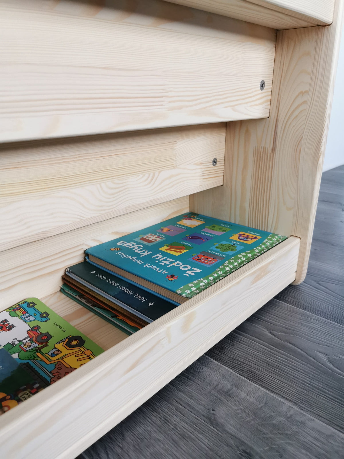 One Little Pine Montessori Bookshelf With Book Storage, 4-shelf front-facing birch wood bookcase with rear storage compartment, Montessori furniture (available in Natural Wood, Clear Oil, and White & Clear Oil finishes)