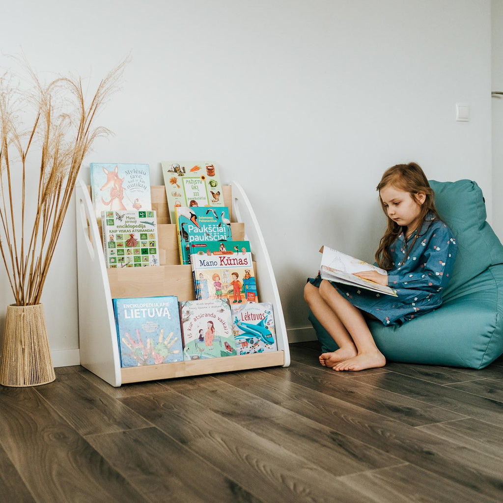 One Little Pine Montessori Bookshelf With Book Storage, 4-shelf front-facing birch wood bookcase with rear storage compartment, Montessori furniture (available in Natural Wood, Clear Oil, and White & Clear Oil finishes)
