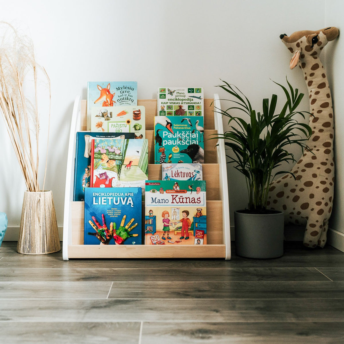 One Little Pine Montessori Bookshelf With Book Storage, 4-shelf front-facing birch wood bookcase with rear storage compartment, Montessori furniture (available in Natural Wood, Clear Oil, and White & Clear Oil finishes)