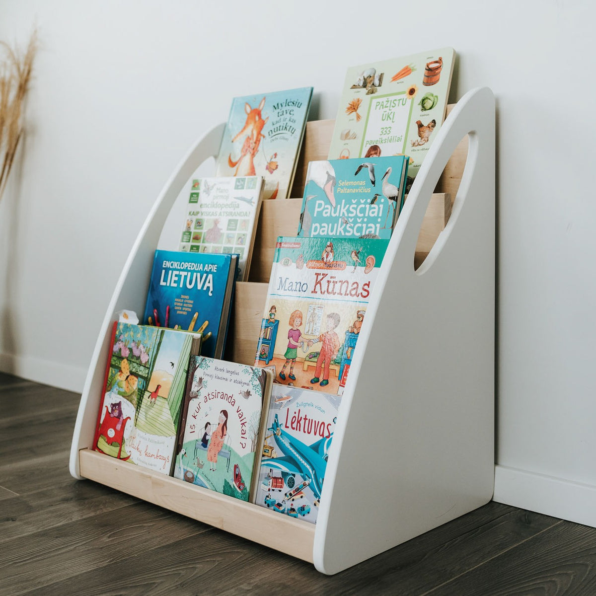 One Little Pine Montessori Bookshelf With Book Storage, 4-shelf front-facing birch wood bookcase with rear storage compartment, Montessori furniture (available in Natural Wood, Clear Oil, and White & Clear Oil finishes)