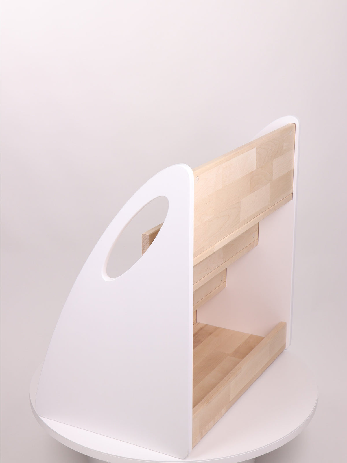 One Little Pine Montessori Bookshelf With Book Storage, 4-shelf front-facing birch wood bookcase with rear storage compartment, Montessori furniture (available in Natural Wood, Clear Oil, and White & Clear Oil finishes)