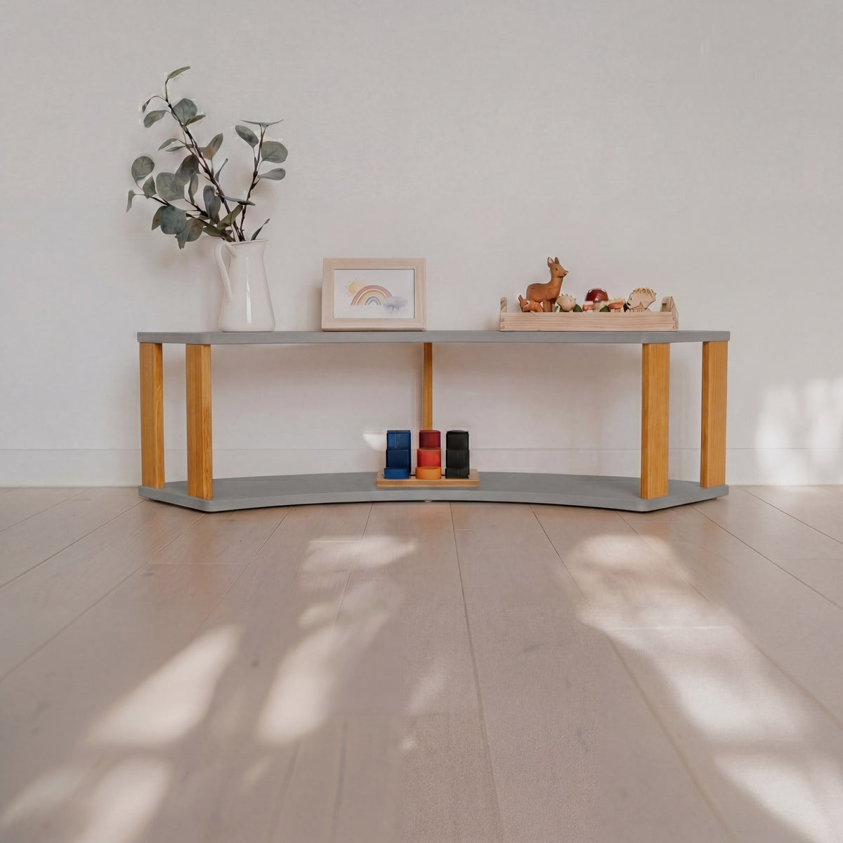 One Little Pine Modular Montessori Shelf Arch, 2 shelves, Light Grey/Brownish Oil — solid wood Montessori corner shelving unit