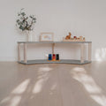 One Little Pine Modular Montessori Shelf Arch, 2 shelves, Light Grey/Clear Oil — solid wood Montessori corner shelving unit