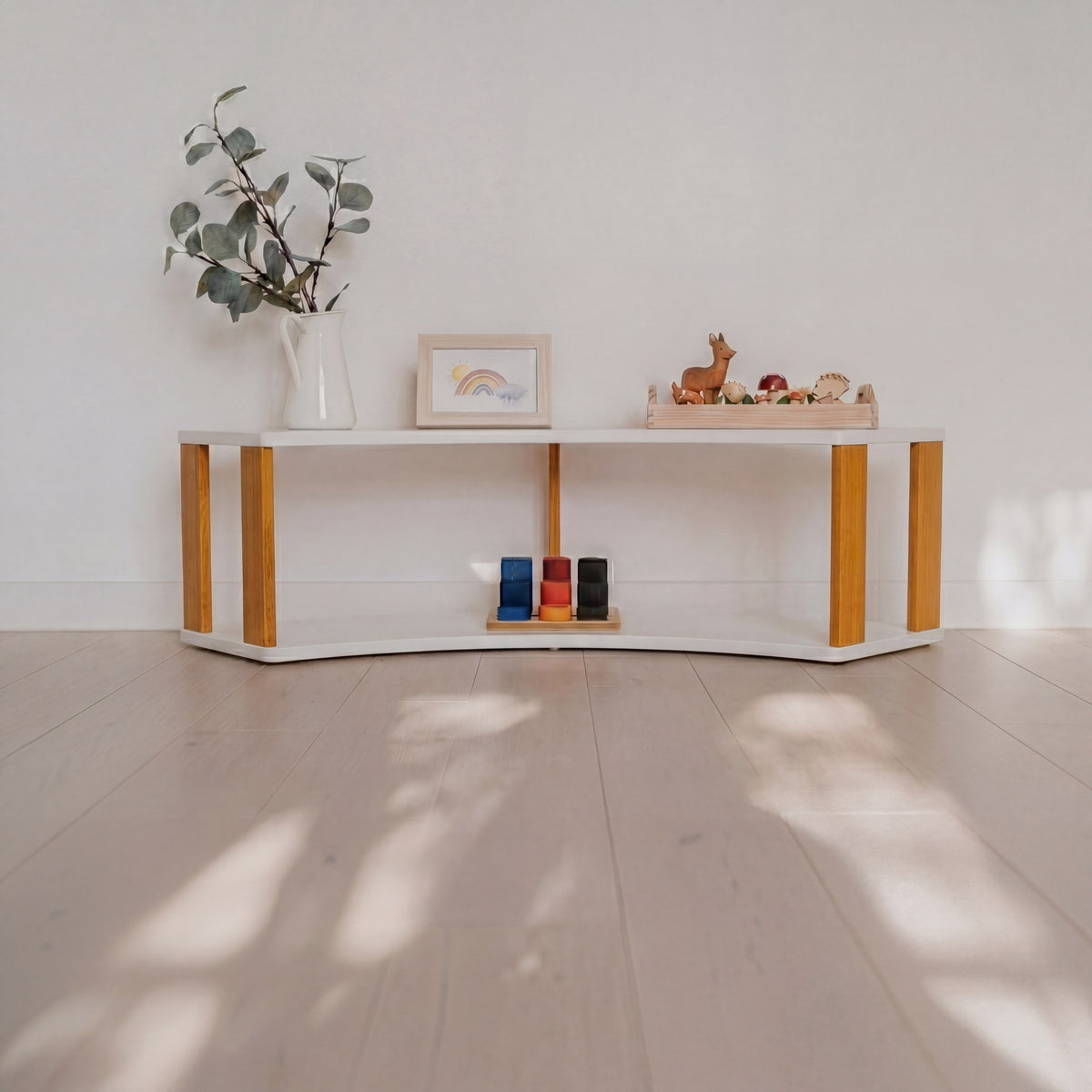 One Little Pine Modular Montessori Shelf Arch, 2 shelves, White/Brownish Oil — solid wood Montessori corner shelving unit