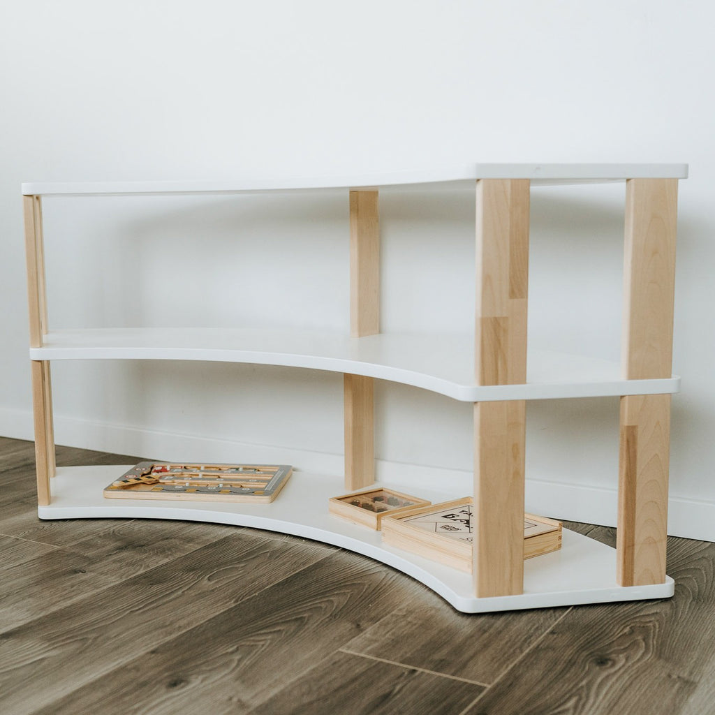 One Little Pine Modular Montessori Shelf Arch, 3 shelves — solid wood Montessori corner shelving unit