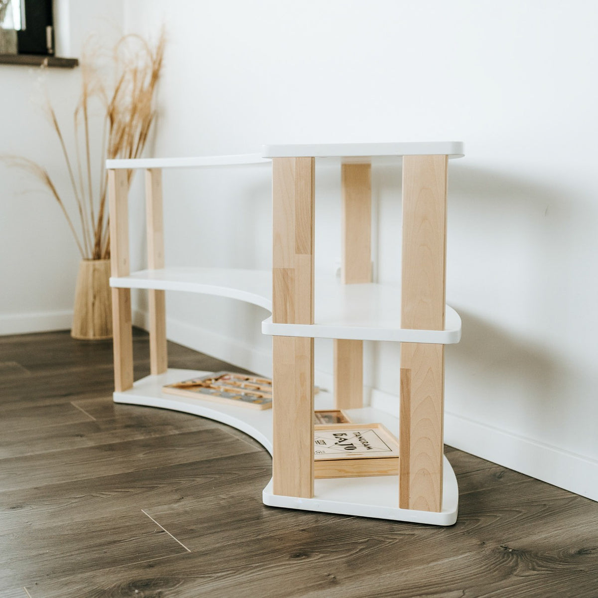 One Little Pine Modular Montessori Shelf Arch, 3 shelves — solid wood Montessori corner shelving unit
