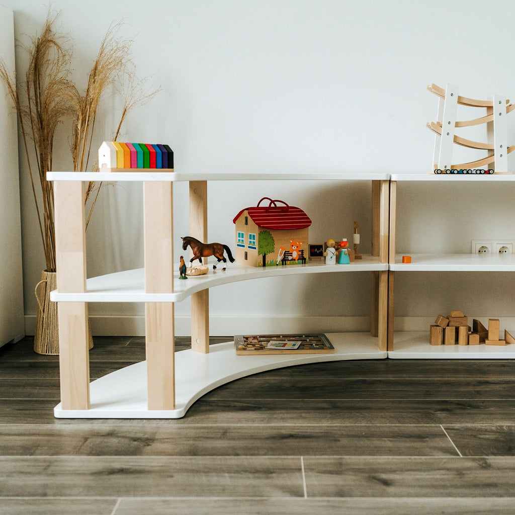 One Little Pine Modular Montessori Shelf Arch, 3 shelves — solid wood Montessori corner shelving unit