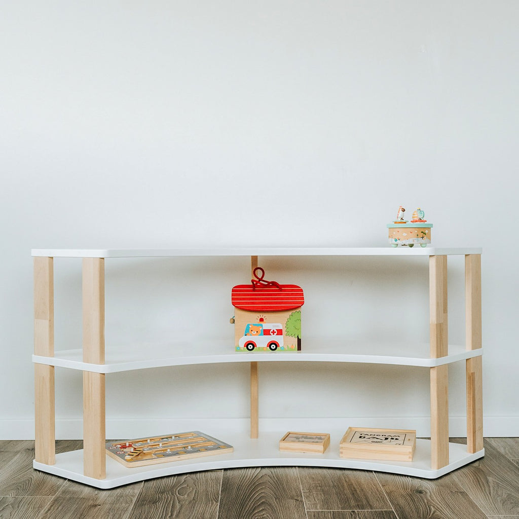 One Little Pine Modular Montessori Shelf Arch, 3 shelves — solid wood Montessori corner shelving unit