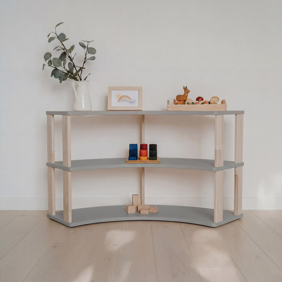 One Little Pine Modular Montessori Shelf Arch, 3 shelves, Light Grey/Clear Oil — solid wood Montessori corner shelving unit
