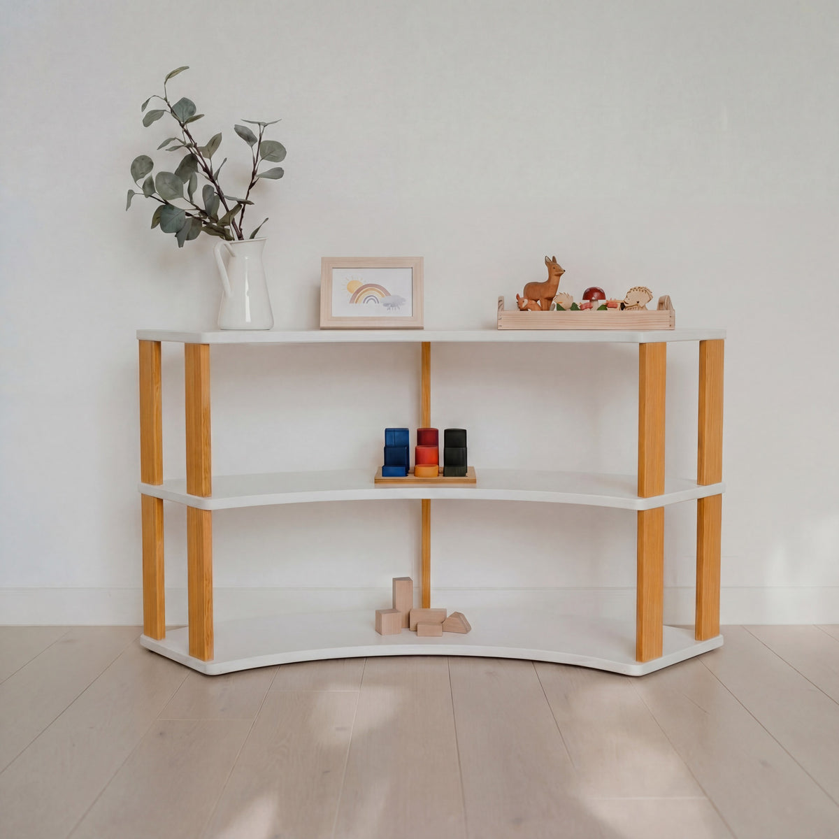 One Little Pine Modular Montessori Shelf Arch, 3 shelves, White/Brownish Oil — solid wood Montessori corner shelving unit