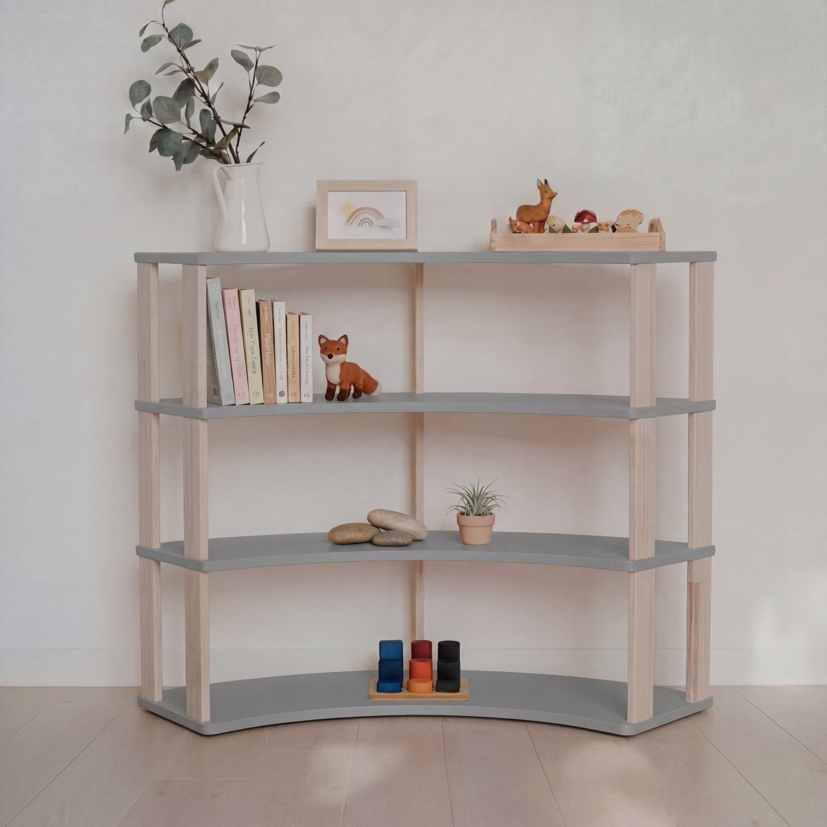 Modular Montessori Shelf Arch – 4 Shelves – Light Grey / Clear Oil - Tiny Tugz™