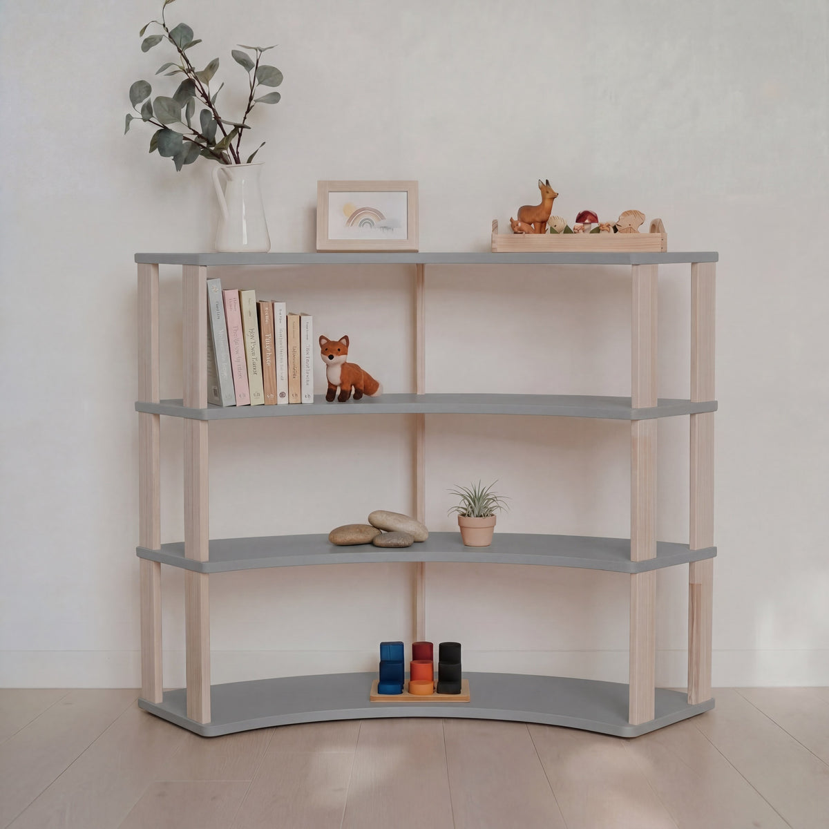 One Little Pine Modular Montessori Shelf Arch, 4 shelves, Light Grey/Clear Oil — solid wood Montessori corner shelving unit