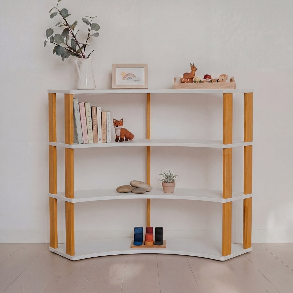 One Little Pine Modular Montessori Shelf Arch, 4 shelves, White/Brownish Oil — solid wood Montessori corner shelving unit