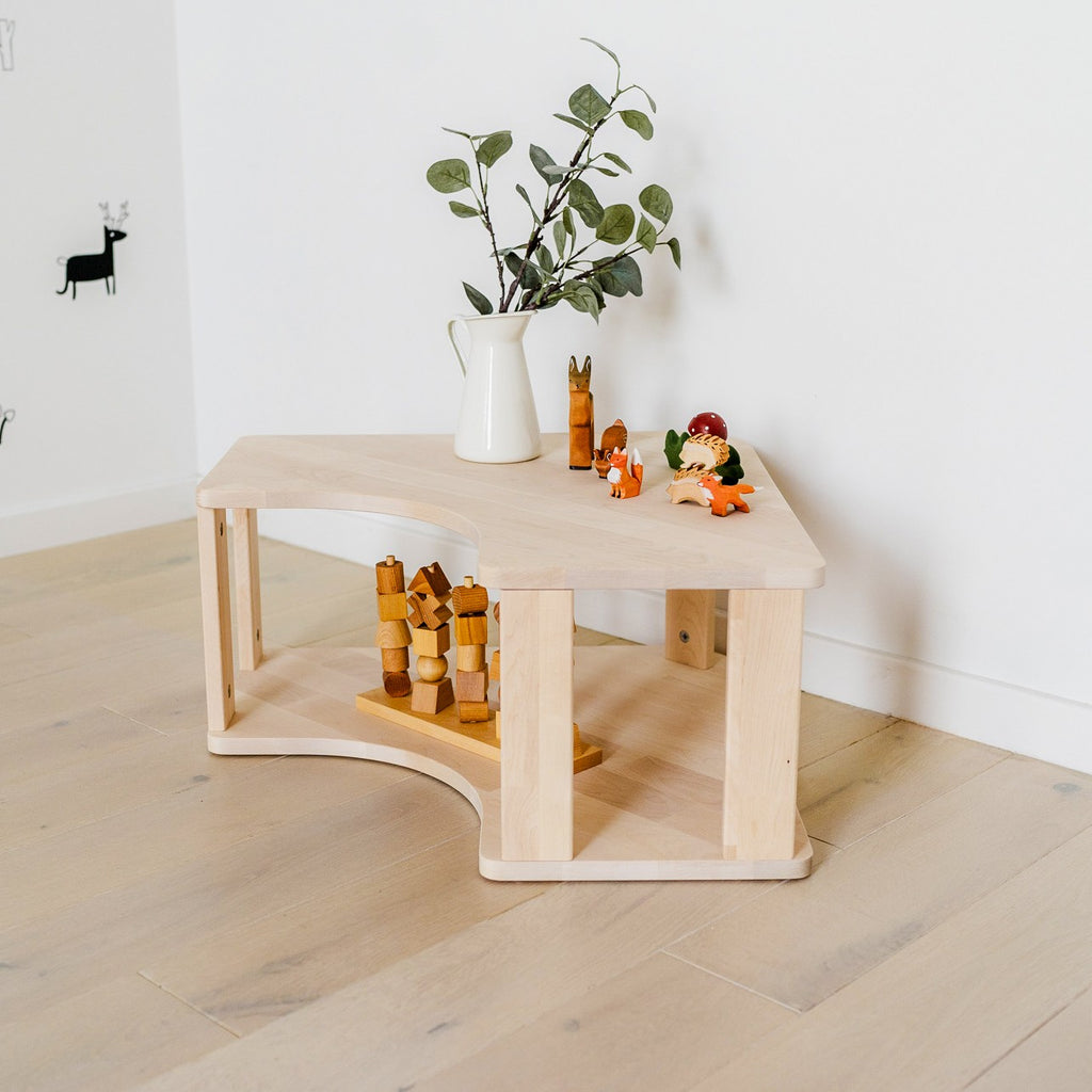 One Little Pine Modular Montessori Shelf Corner, 2 shelves, Natural Wood / Clear Oil / White finishes — solid wood Montessori corner shelving unit for kids' rooms
