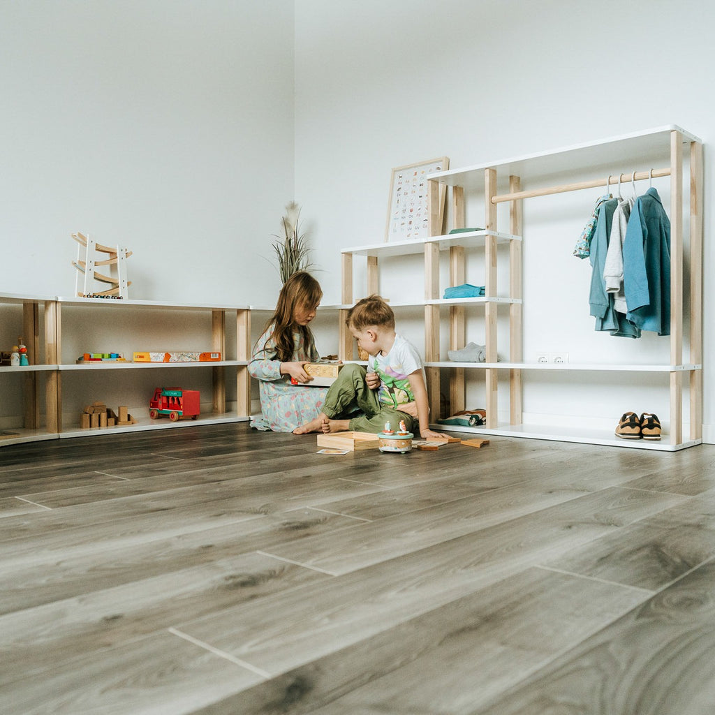 One Little Pine Modular Montessori Shelf Corner, 2 shelves, Natural Wood / Clear Oil / White finishes — solid wood Montessori corner shelving unit for kids' rooms