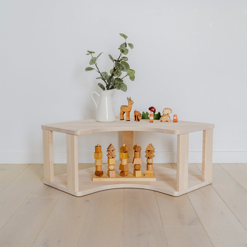 One Little Pine Modular Montessori Shelf Corner, 2 shelves, Natural Wood / Clear Oil / White finishes — solid wood Montessori corner shelving unit for kids' rooms