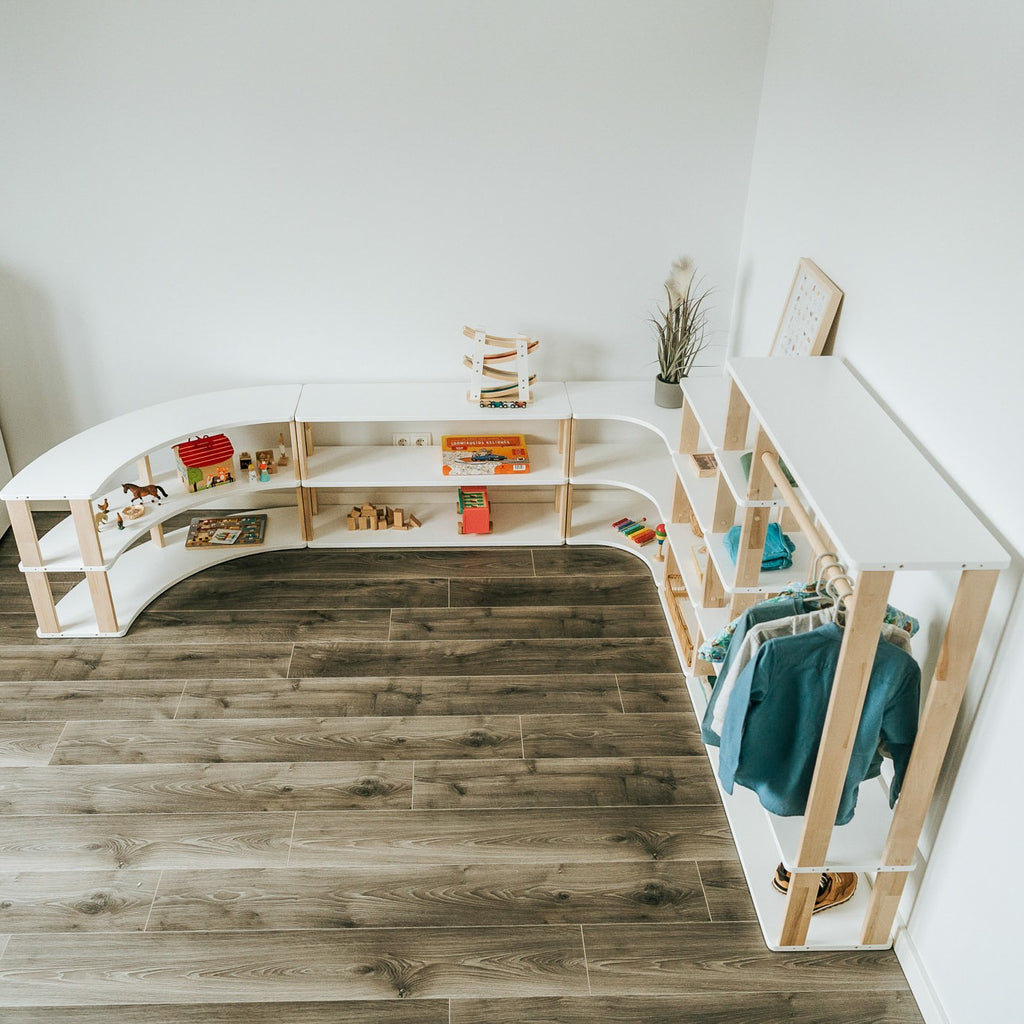 One Little Pine Modular Montessori Shelf Corner, 2 shelves, Natural Wood / Clear Oil / White finishes — solid wood Montessori corner shelving unit for kids' rooms