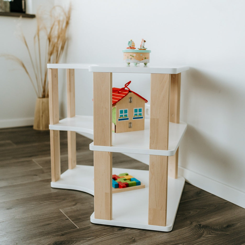 One Little Pine Modular Montessori Shelf Corner, 3 shelves, Natural Wood / Clear Oil / White finishes — solid wood Montessori corner shelving unit for kids' rooms