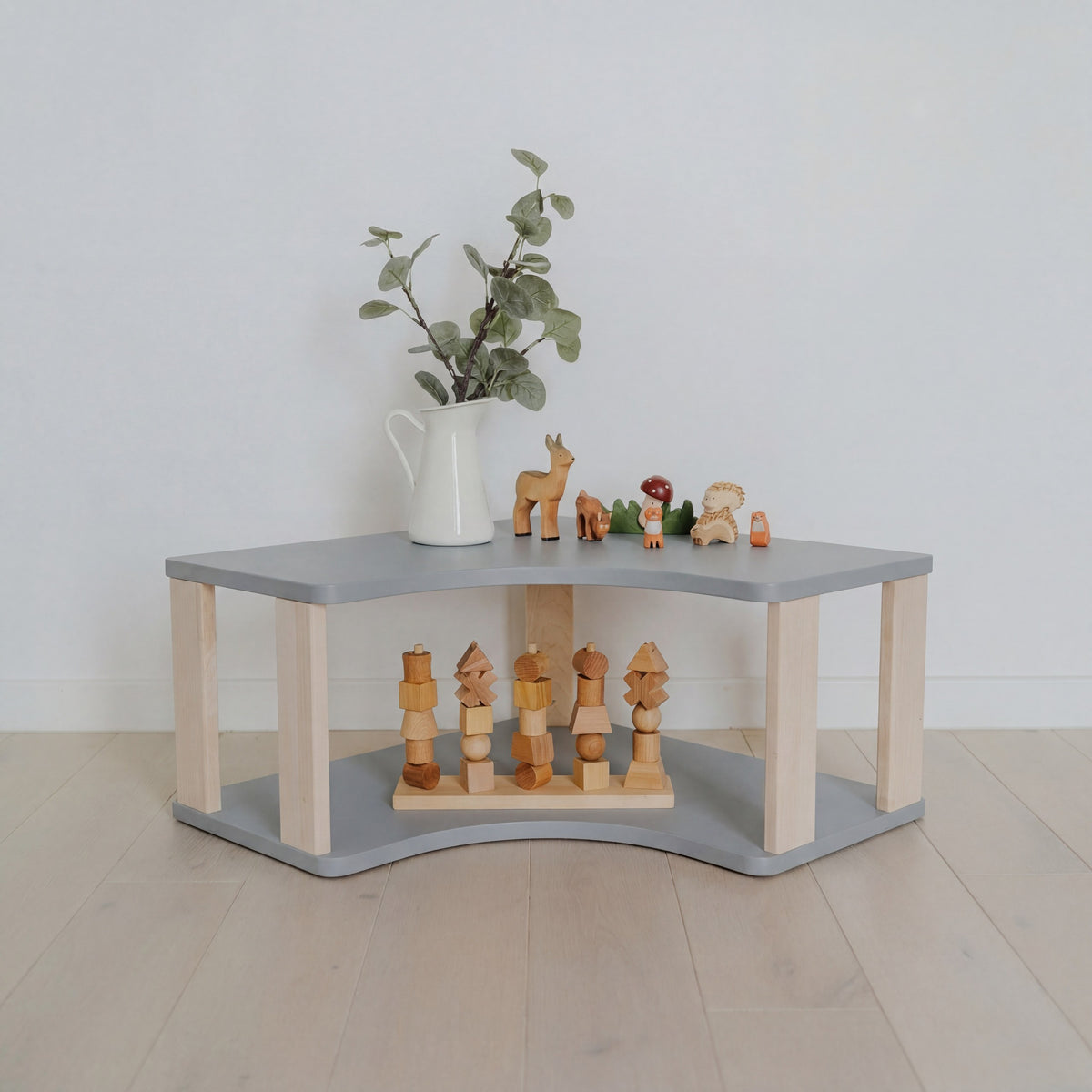 One Little Pine Modular Montessori Shelf Corner, 2 shelves, Light Grey / Clear Oil — solid wood Montessori corner shelving unit for kids' rooms
