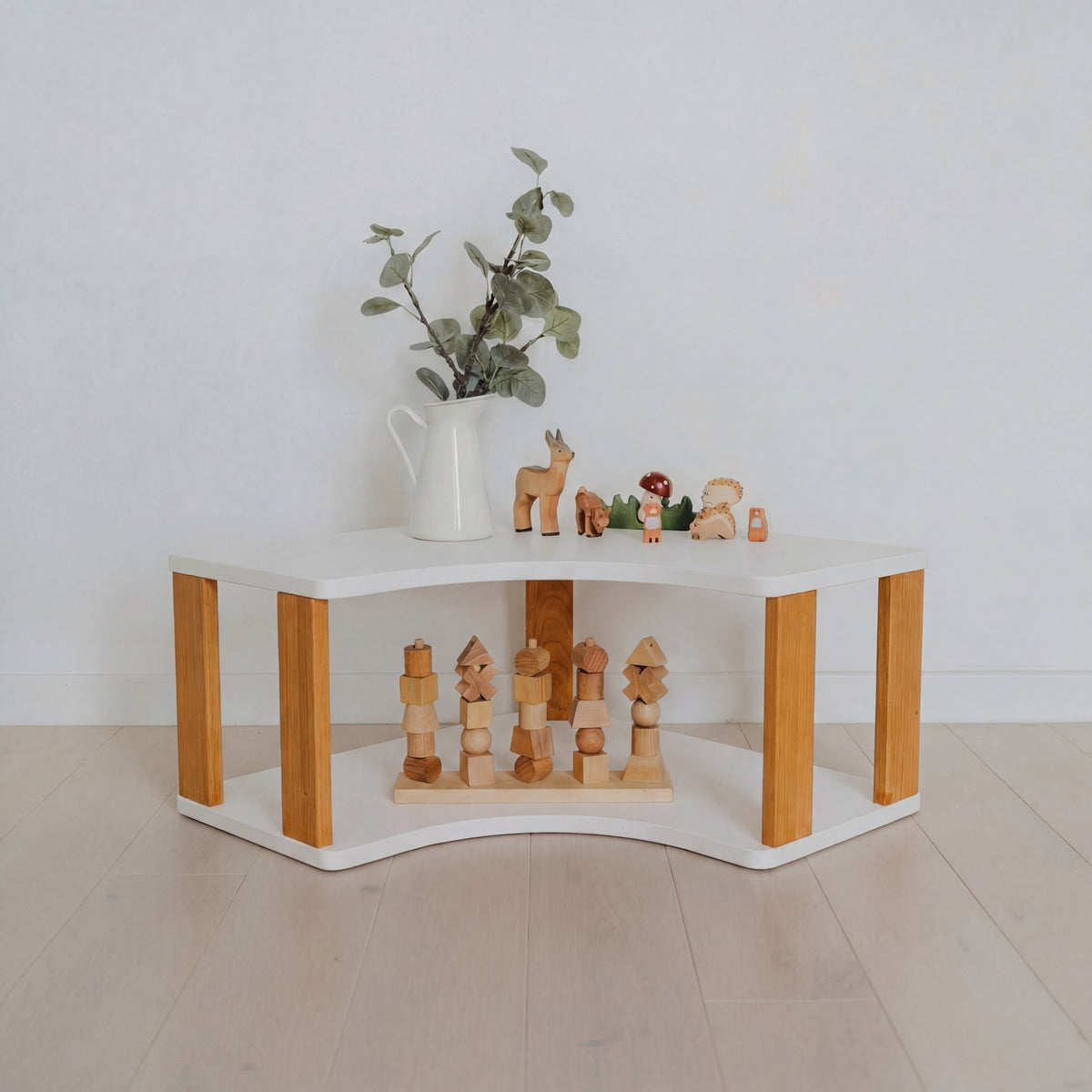 One Little Pine Modular Montessori Shelf Corner, 2 shelves, White / Brownish Oil — solid wood Montessori corner shelving unit for kids' rooms