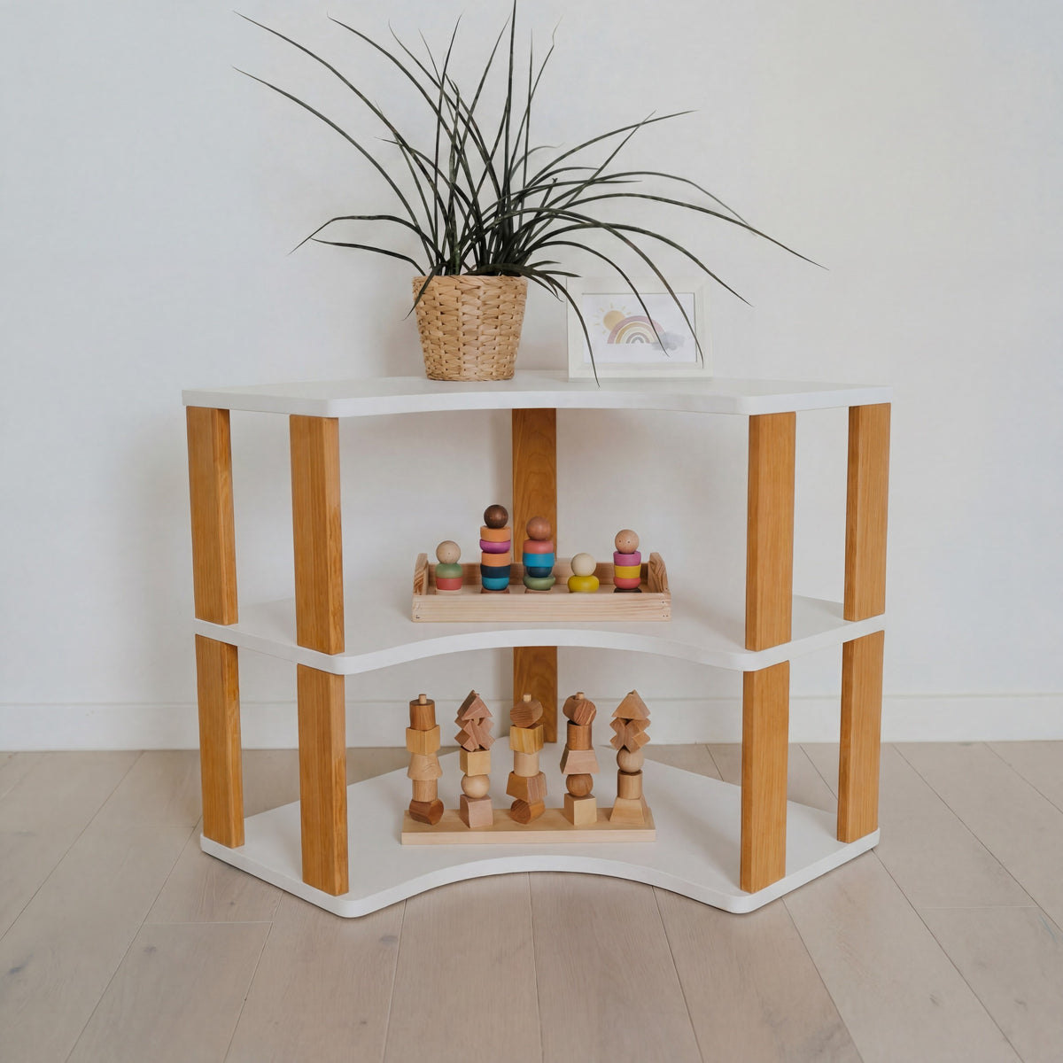 One Little Pine Modular Montessori Shelf Corner, 3 shelves, White / Brownish Oil — solid wood Montessori corner shelving unit for kids' rooms