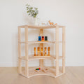 One Little Pine Modular Montessori Shelf Corner, 4 shelves, Natural Wood / Clear Oil / White finishes — solid wood Montessori corner shelving unit for kids' rooms
