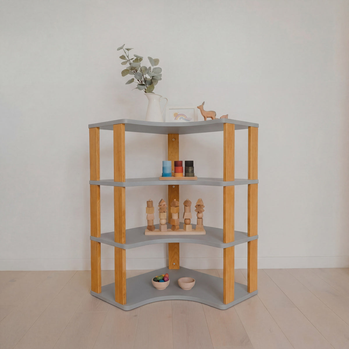 One Little Pine Modular Montessori Shelf Corner, 4 shelves, Light Grey / Brownish Oil — solid wood Montessori corner shelving unit for kids' rooms