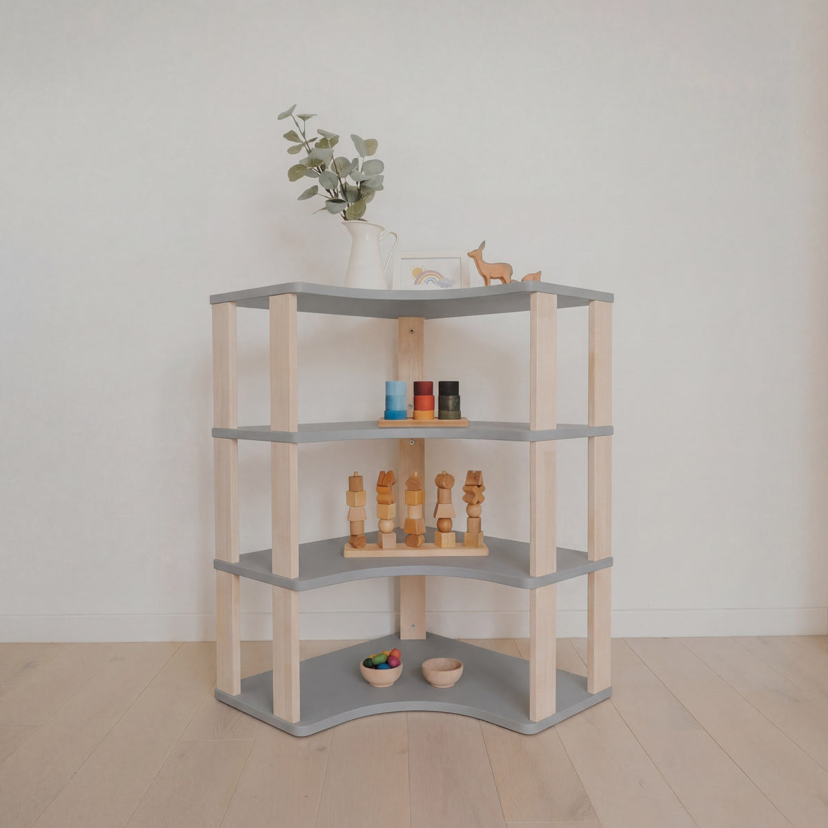 One Little Pine Modular Montessori Shelf Corner, 4 shelves, Light Grey / Clear Oil — solid wood Montessori corner shelving unit for kids' rooms