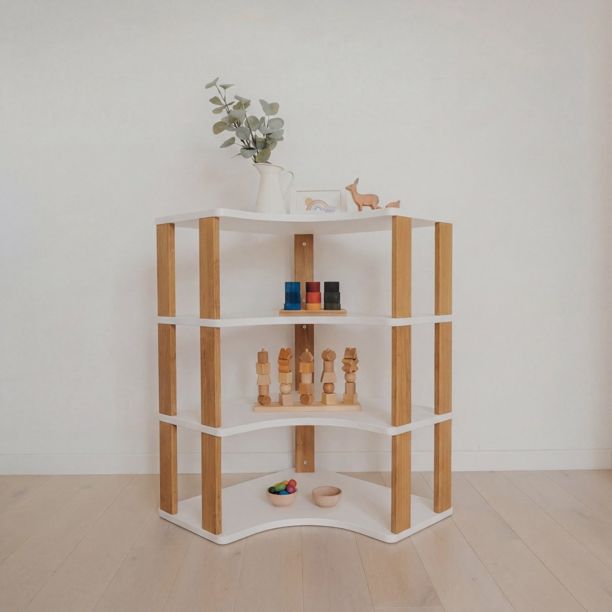 Modular Montessori Shelf Corner - 4 Shelves - White / Brownish Oil - Tiny Tugz™