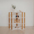 One Little Pine Modular Montessori Shelf Corner, 4 shelves, White / Brownish Oil — solid wood Montessori corner shelving unit for kids' rooms