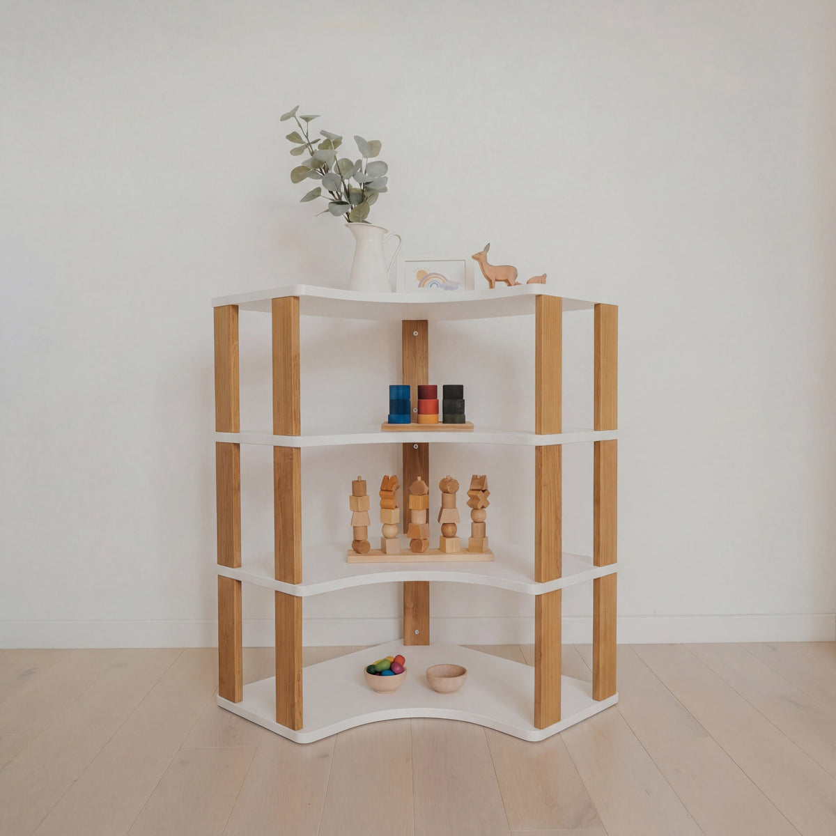One Little Pine Modular Montessori Shelf Corner, 4 shelves, White / Brownish Oil — solid wood Montessori corner shelving unit for kids' rooms